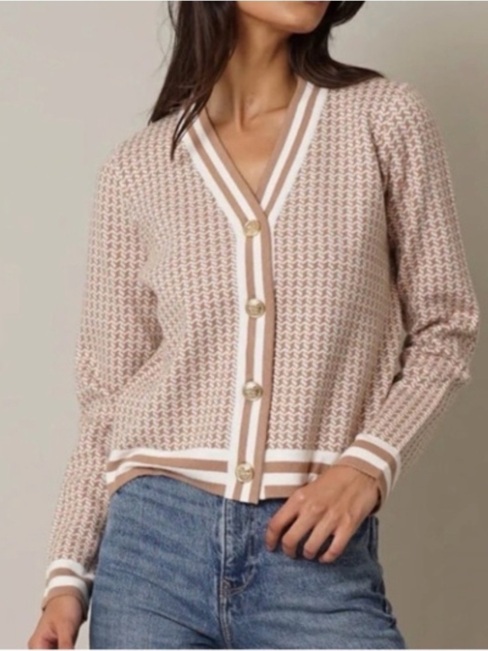 Cyrus Cream Striped Trim Button-Front Cardigan